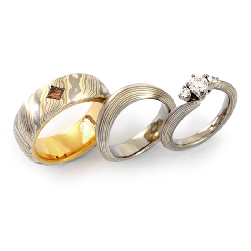 Verlobungsring mit Eheringen Mokumegane Silber Palladium Gelbgold Brillanten (1007644)